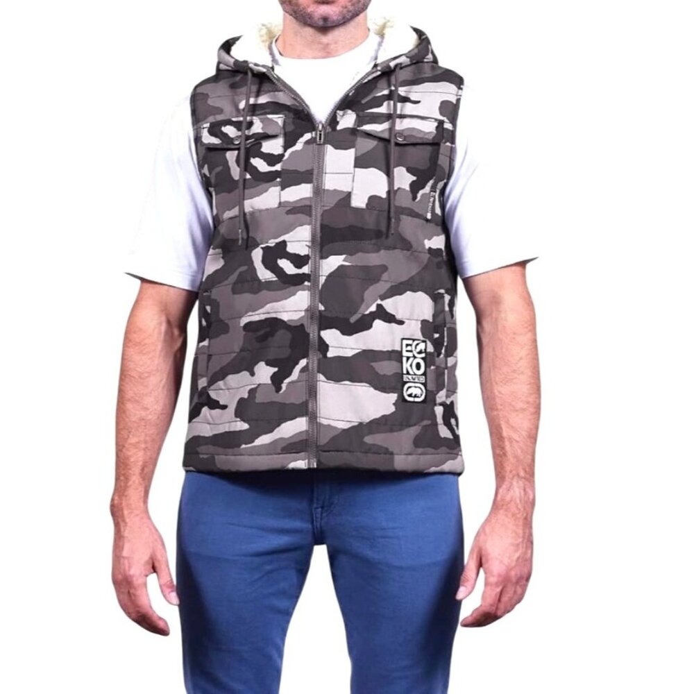 Ecko Unltd Mens Camouflage Hooded Vest Sherpa Lining Sleeveless Full-Zip Size XL